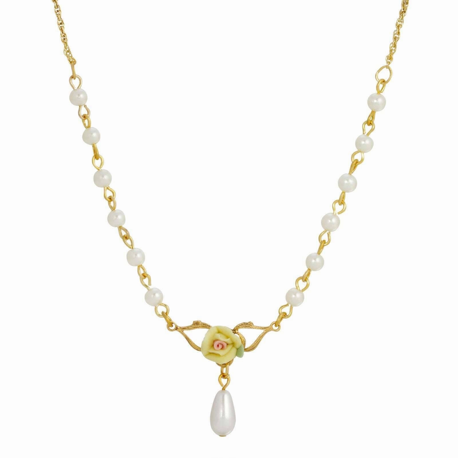 1928 Jewelry Porcelain Rose 4mm Faux Pearl Drop Necklace 16"   3" Extender