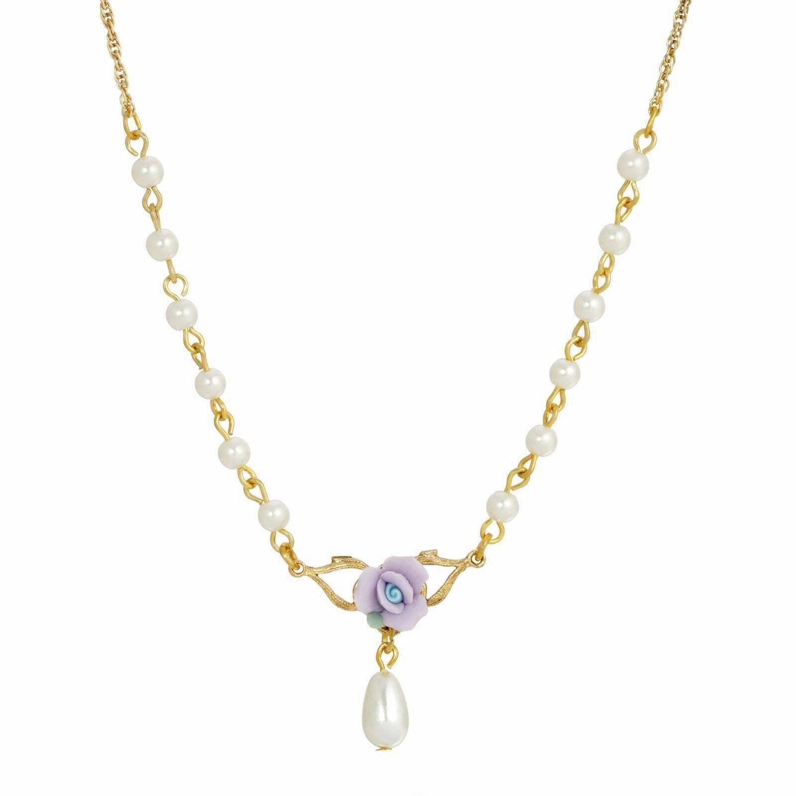 1928 Jewelry Porcelain Rose 4mm Faux Pearl Drop Necklace 16"   3" Extender