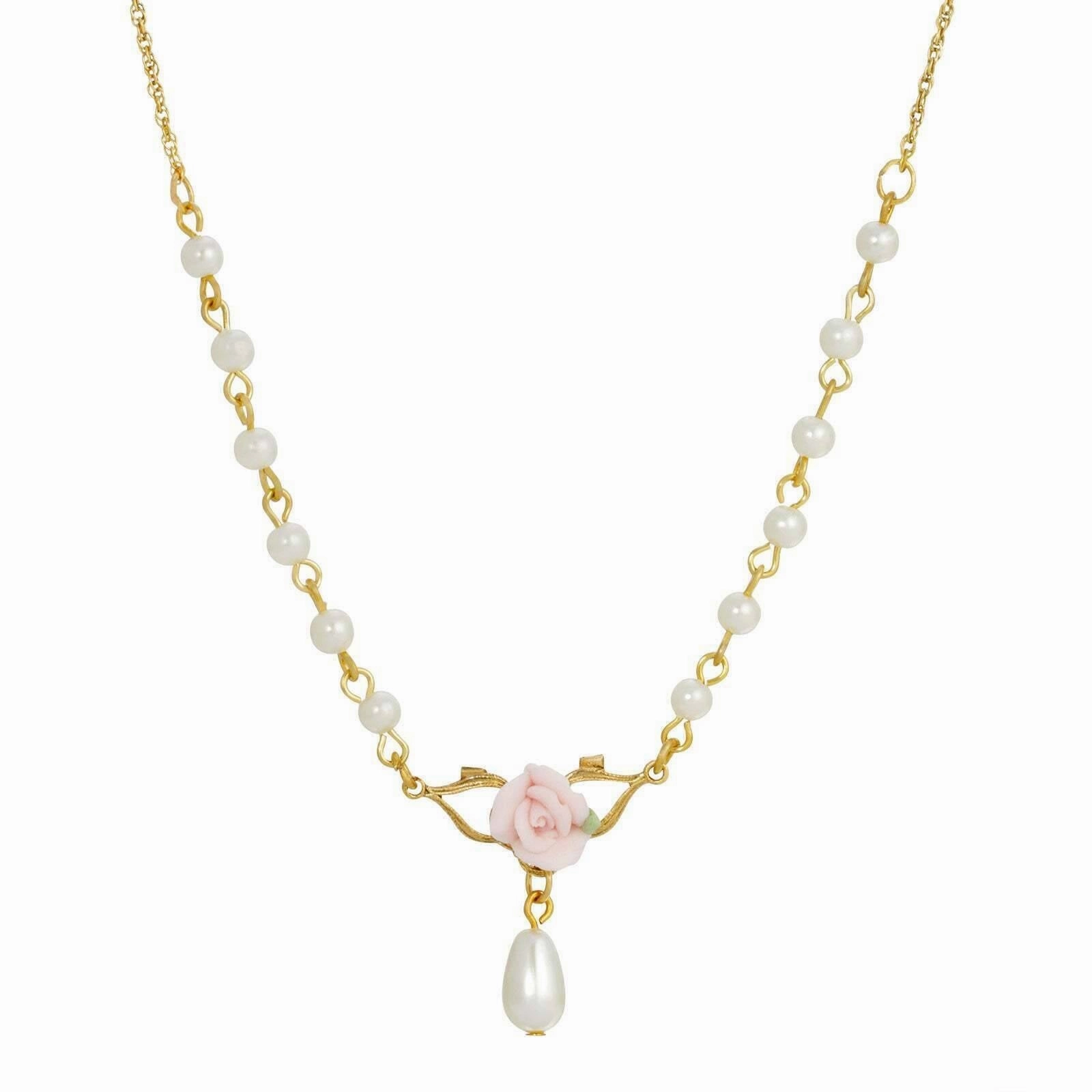 1928 Jewelry Porcelain Rose 4mm Faux Pearl Drop Necklace 16"   3" Extender