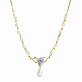 1928 Jewelry Porcelain Rose 4mm Faux Pearl Drop Necklace 16"   3" Extender
