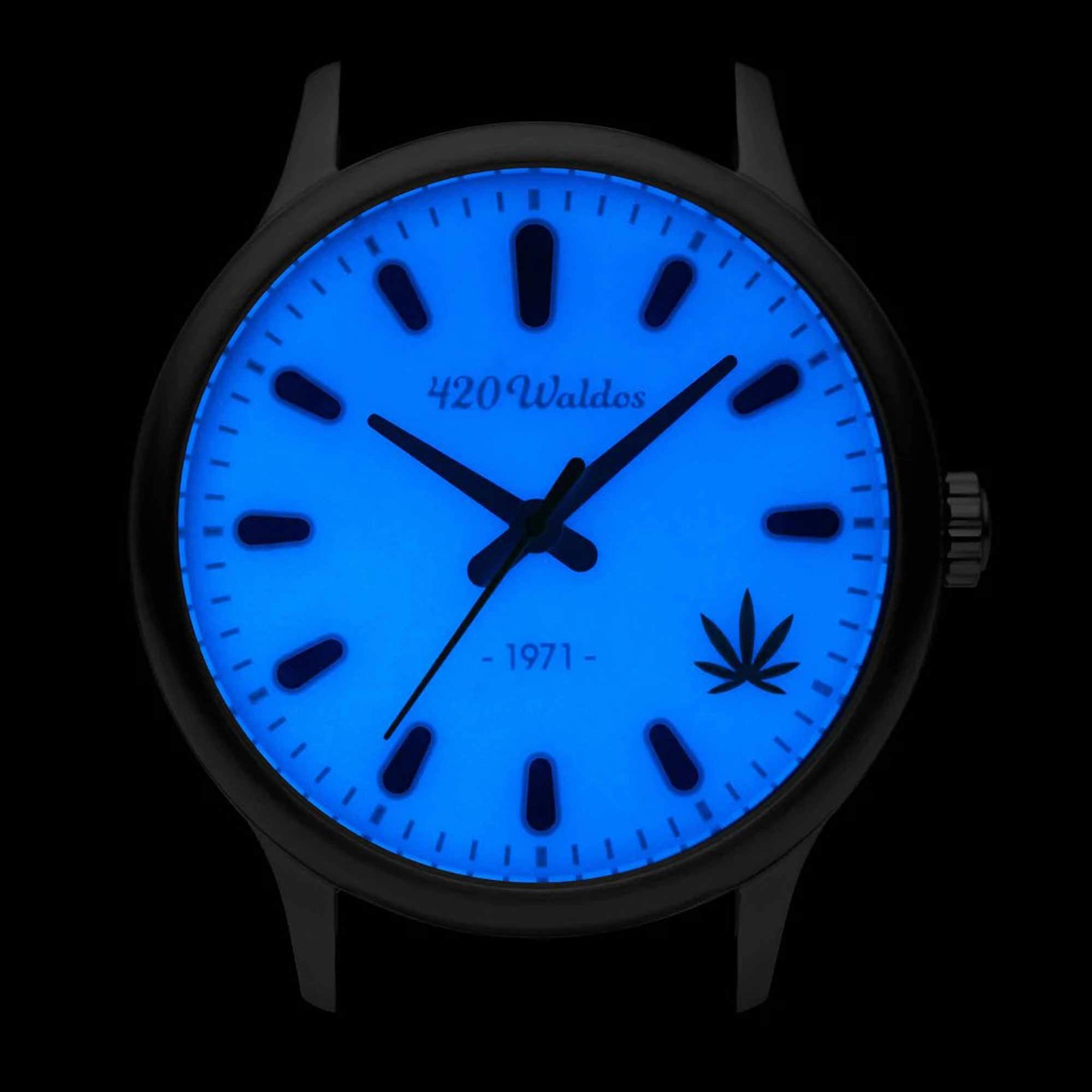 420Waldos Men's Watch - Bud Steel Case Blue Dial Dark Brown Leather Strap | W1004