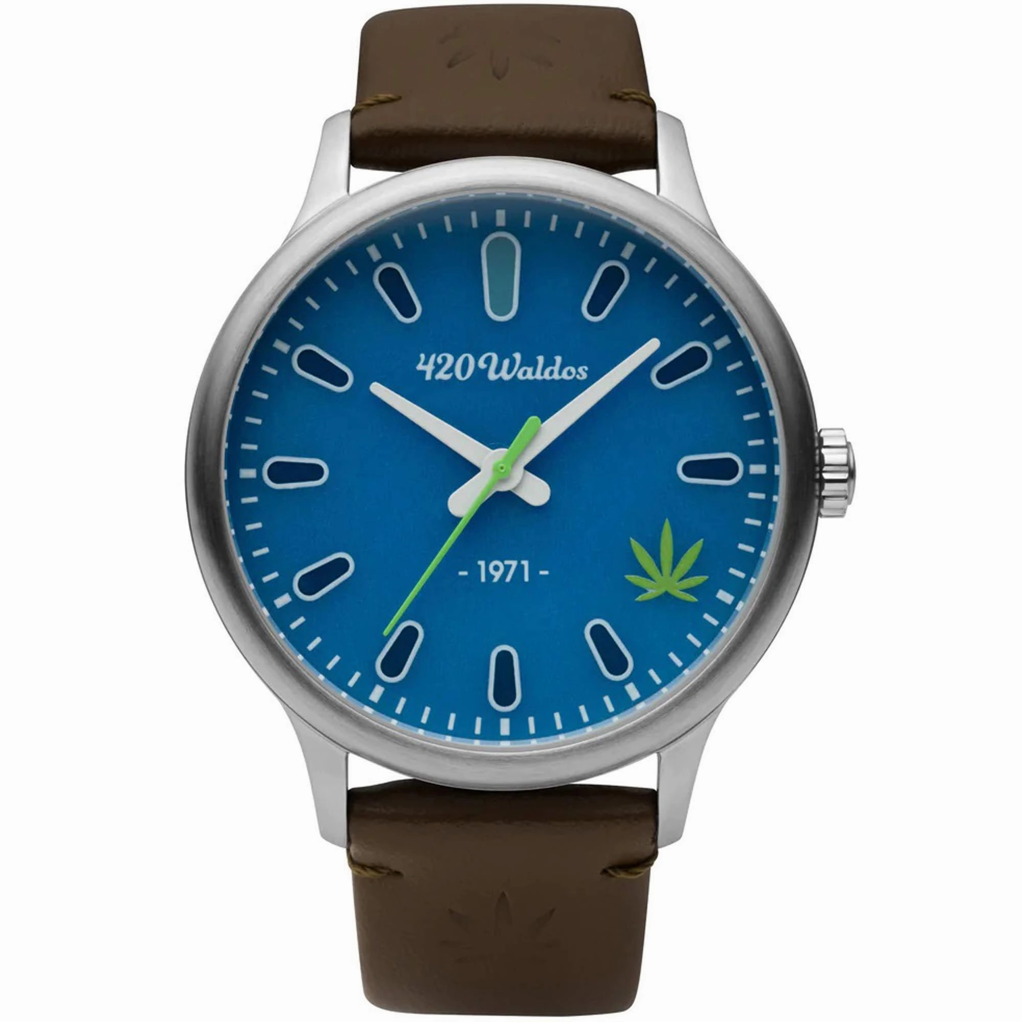 420Waldos Men's Watch - Bud Steel Case Blue Dial Dark Brown Leather Strap | W1004