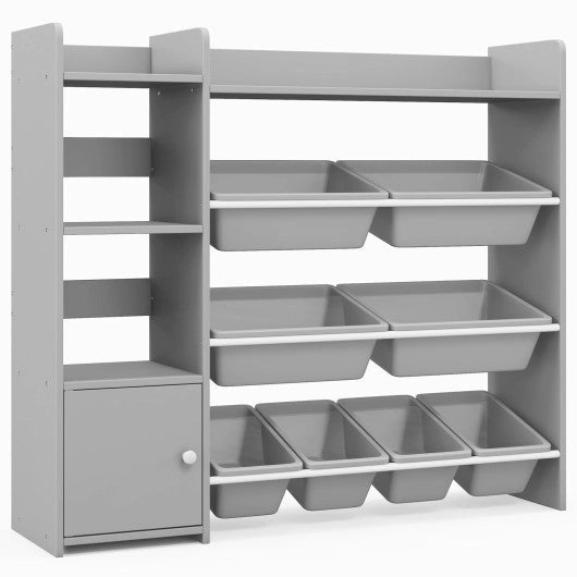 4-Tier Kids Bookshelf and Toy Storage Rack With 8 Toy Organizer Bins-Grey