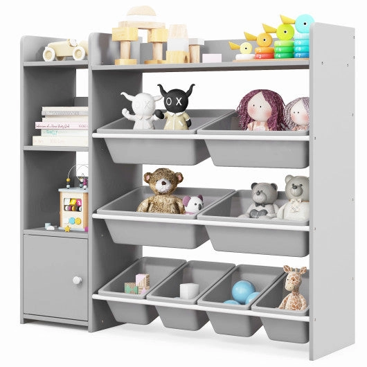 4-Tier Kids Bookshelf and Toy Storage Rack With 8 Toy Organizer Bins-Grey