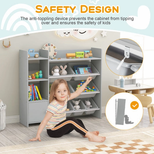 4-Tier Kids Bookshelf and Toy Storage Rack With 8 Toy Organizer Bins-Grey