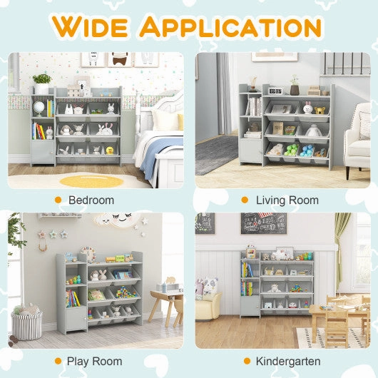 4-Tier Kids Bookshelf and Toy Storage Rack With 8 Toy Organizer Bins-Grey