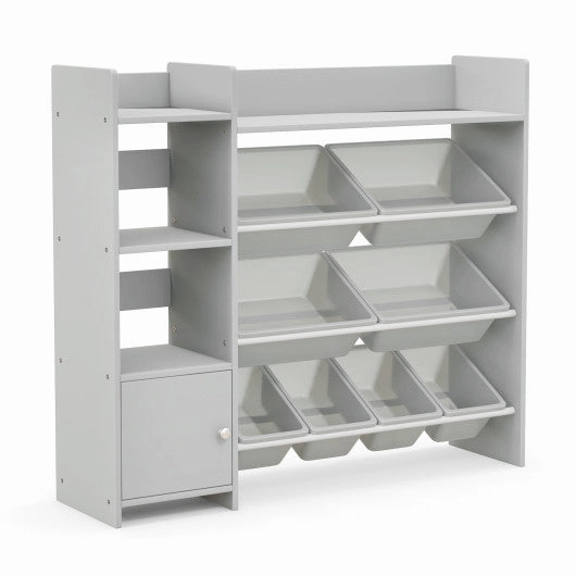 4-Tier Kids Bookshelf and Toy Storage Rack With 8 Toy Organizer Bins-Grey