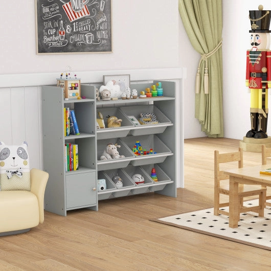 4-Tier Kids Bookshelf and Toy Storage Rack With 8 Toy Organizer Bins-Grey