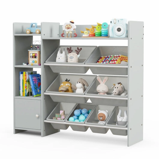 4-Tier Kids Bookshelf and Toy Storage Rack With 8 Toy Organizer Bins-Grey