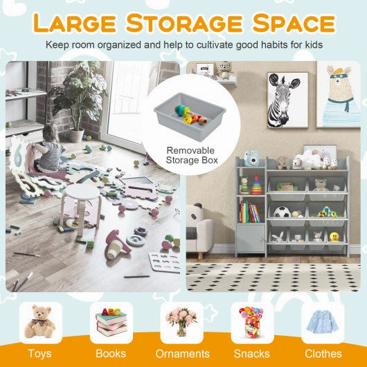 4-Tier Kids Bookshelf and Toy Storage Rack With 8 Toy Organizer Bins-Grey
