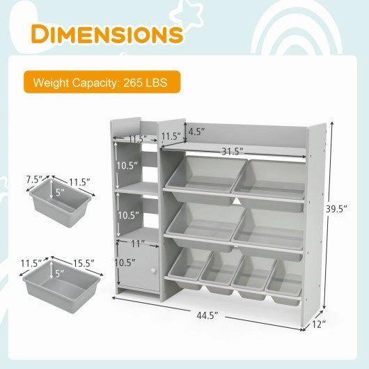 4-Tier Kids Bookshelf and Toy Storage Rack With 8 Toy Organizer Bins-Grey
