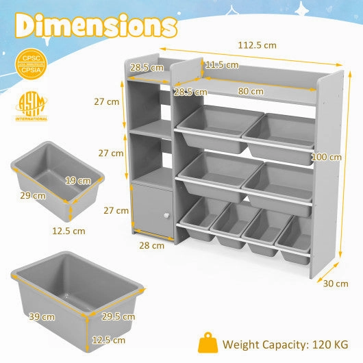 4-Tier Kids Bookshelf and Toy Storage Rack With 8 Toy Organizer Bins-Grey