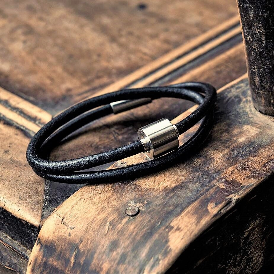 Black & Silver - TadBlu Smooth Leather Men’s Cremation Bead Bracelet
