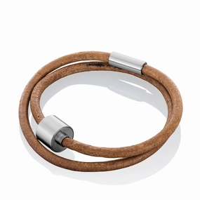 Cognac & Silver - TadBlu Smooth Leather Men’s Cremation Bead Bracelet