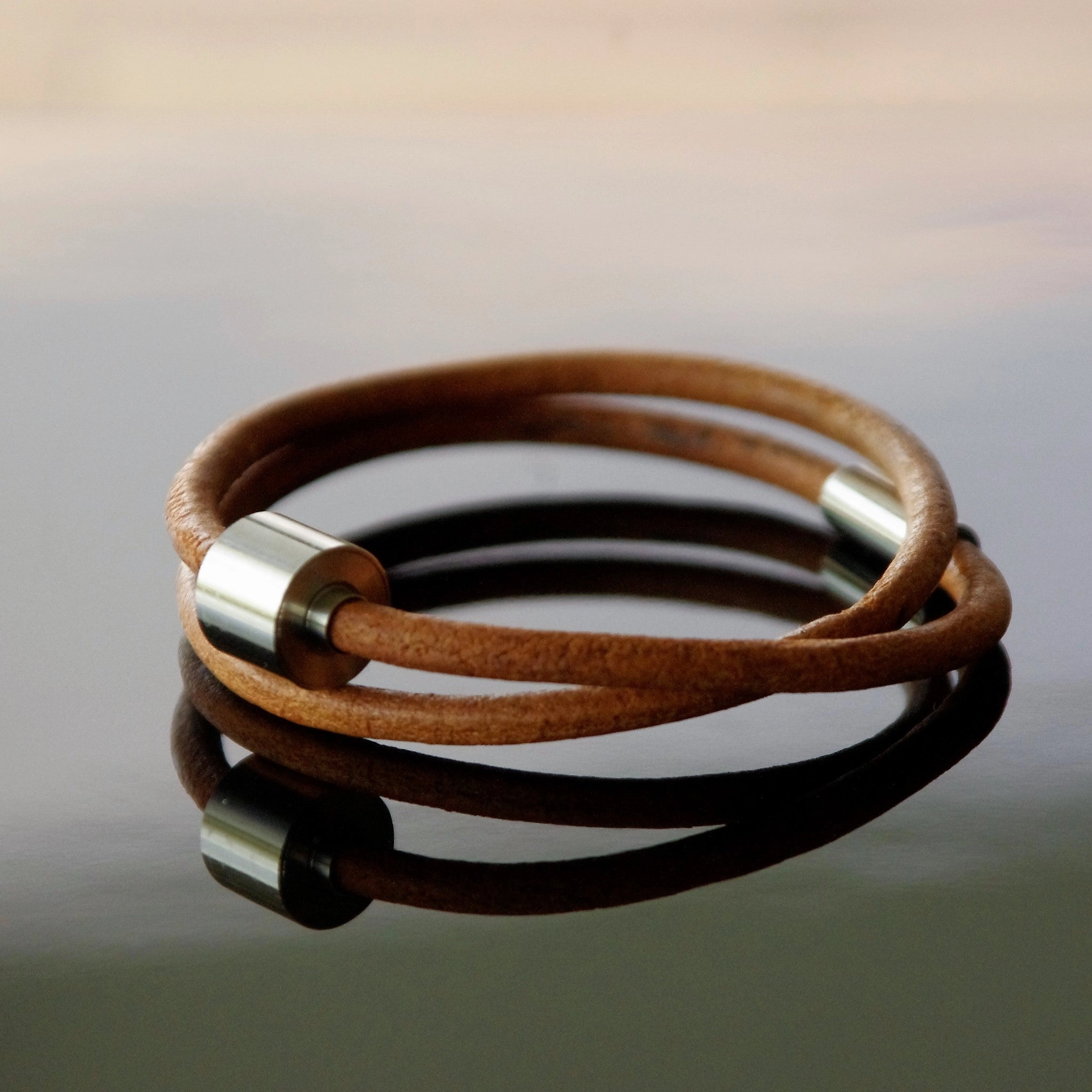 Cognac & Silver - TadBlu Smooth Leather Men’s Cremation Bead Bracelet