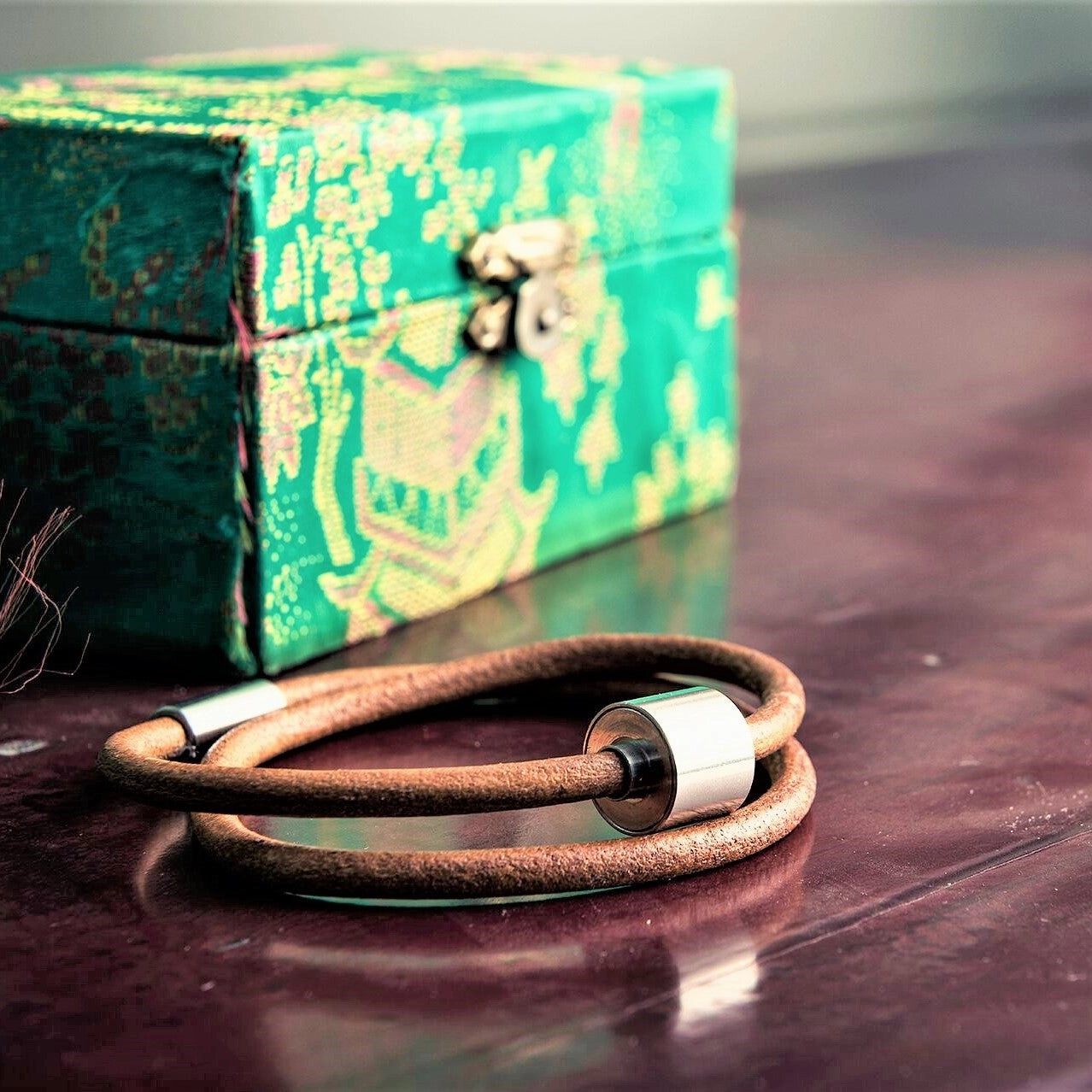 Cognac & Silver - TadBlu Smooth Leather Men’s Cremation Bead Bracelet