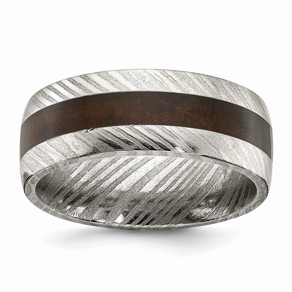 Damascus Steel Polished with Wood Inlay 8mm Band | SR678