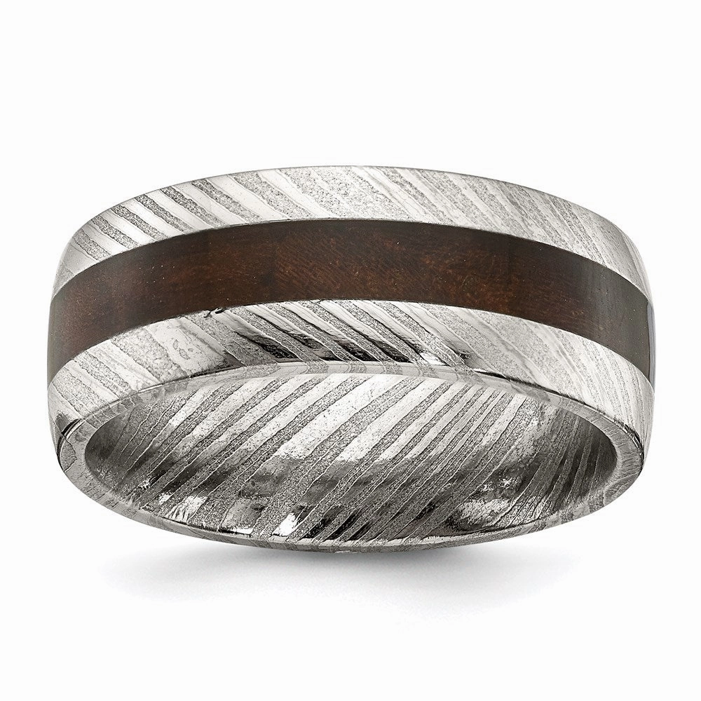 Damascus Steel Polished with Wood Inlay 8mm Band | SR678