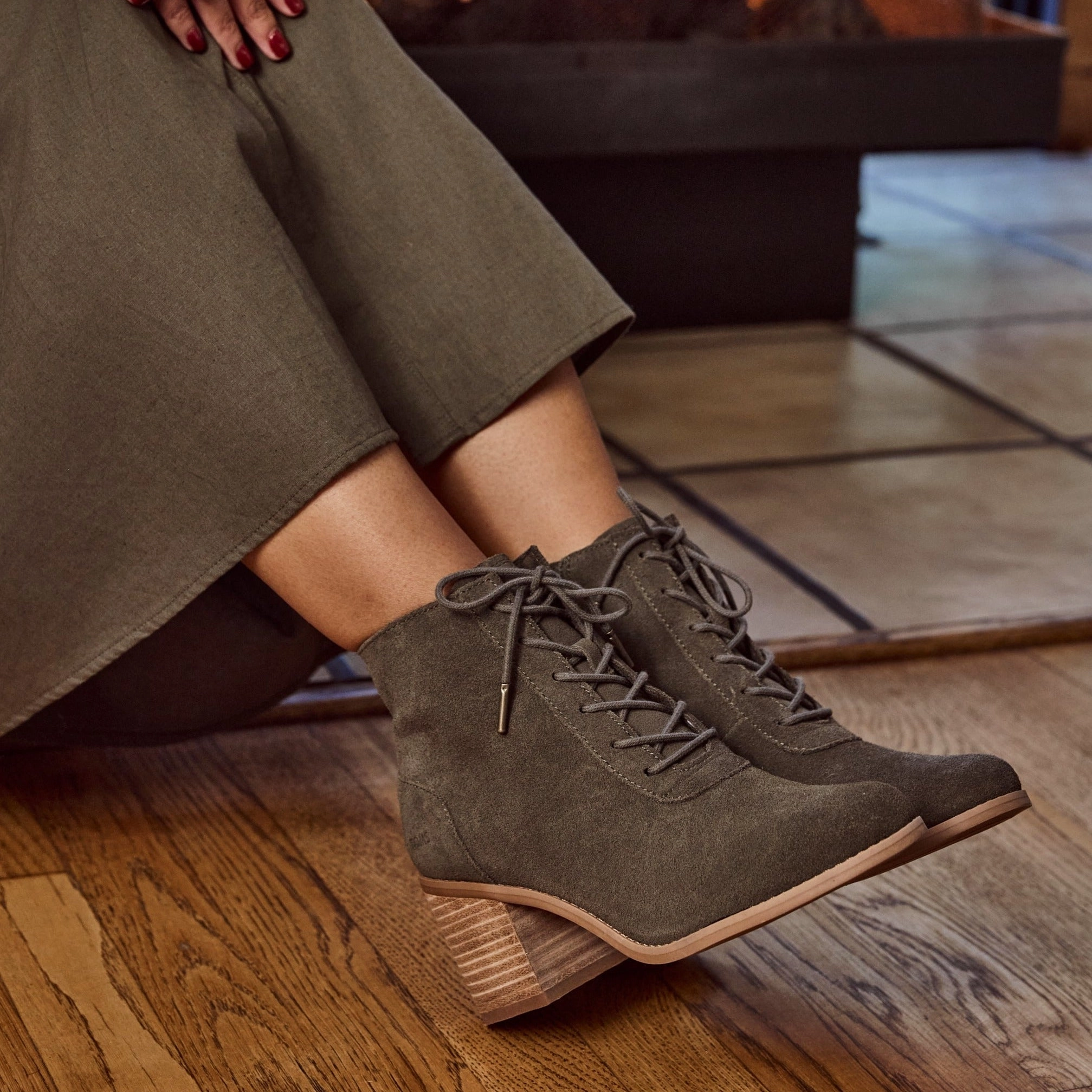 Evelyn Olive Suede Lace-Up Heeled Boot