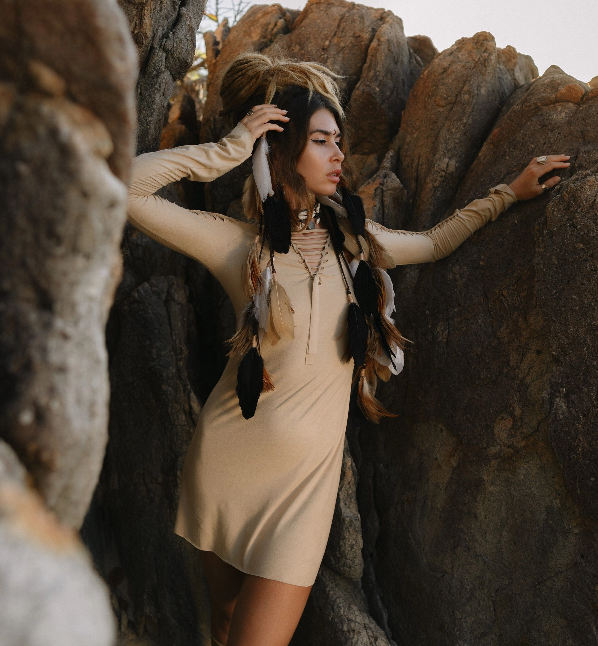 Long Sleeve Suede Light Beige Mini Dress, Pixie Dress