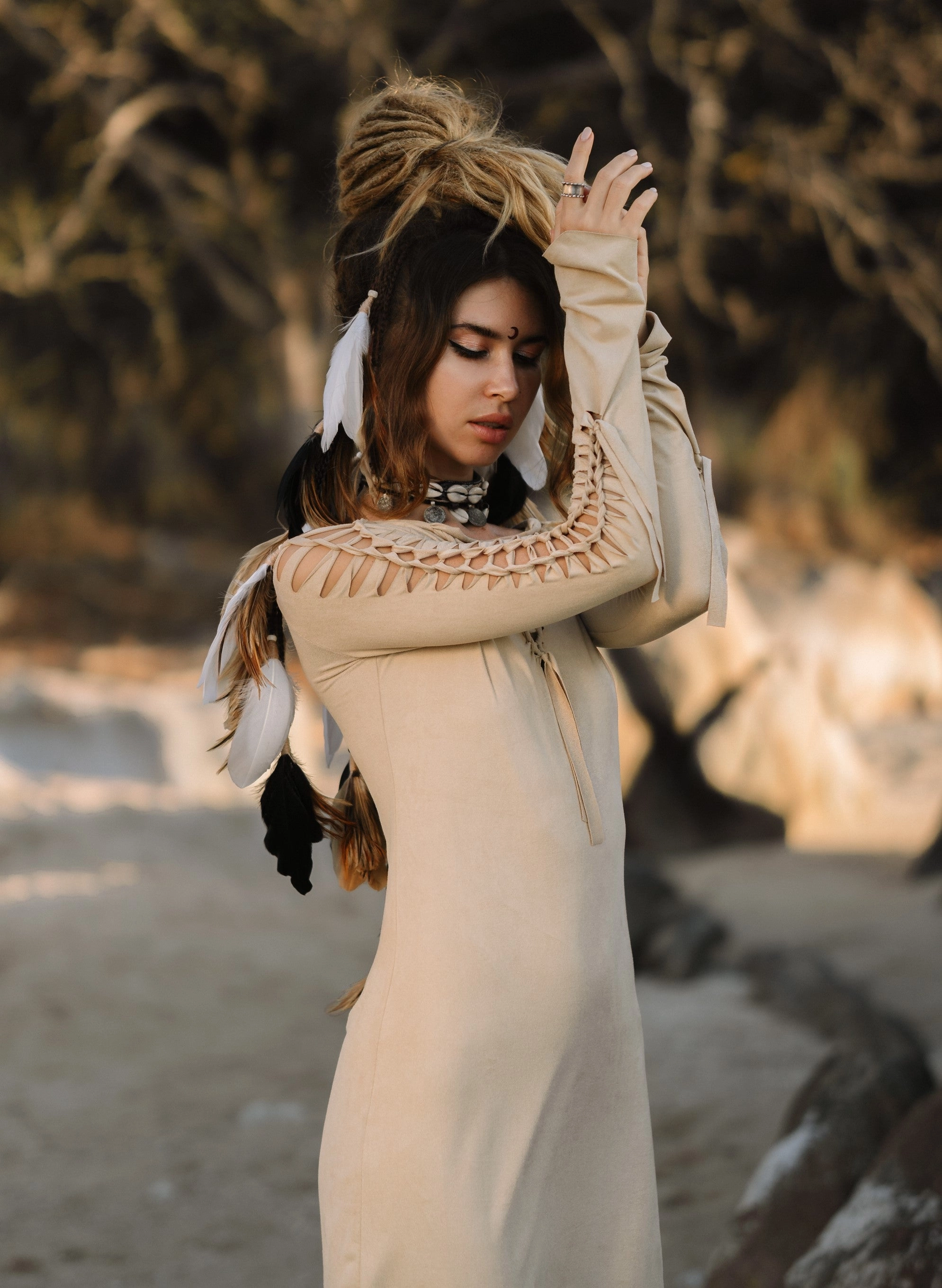 Long Sleeve Suede Light Beige Mini Dress, Pixie Dress