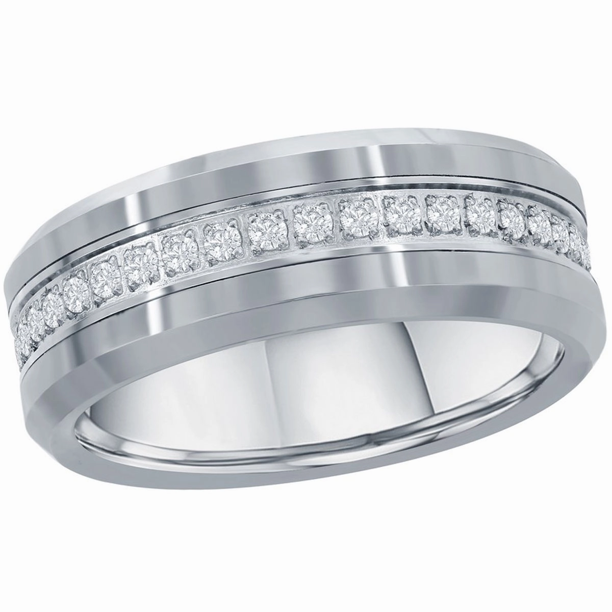 Men's Ring - Polished Silver CZ Eternity Tungsten Band, Size 13 | SW-2081-13