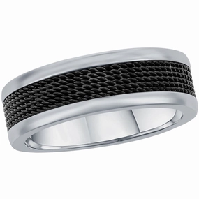 Men's Ring - Silver Steel and Black Mesh Inlay Band, Size 9 | SW-2114-9