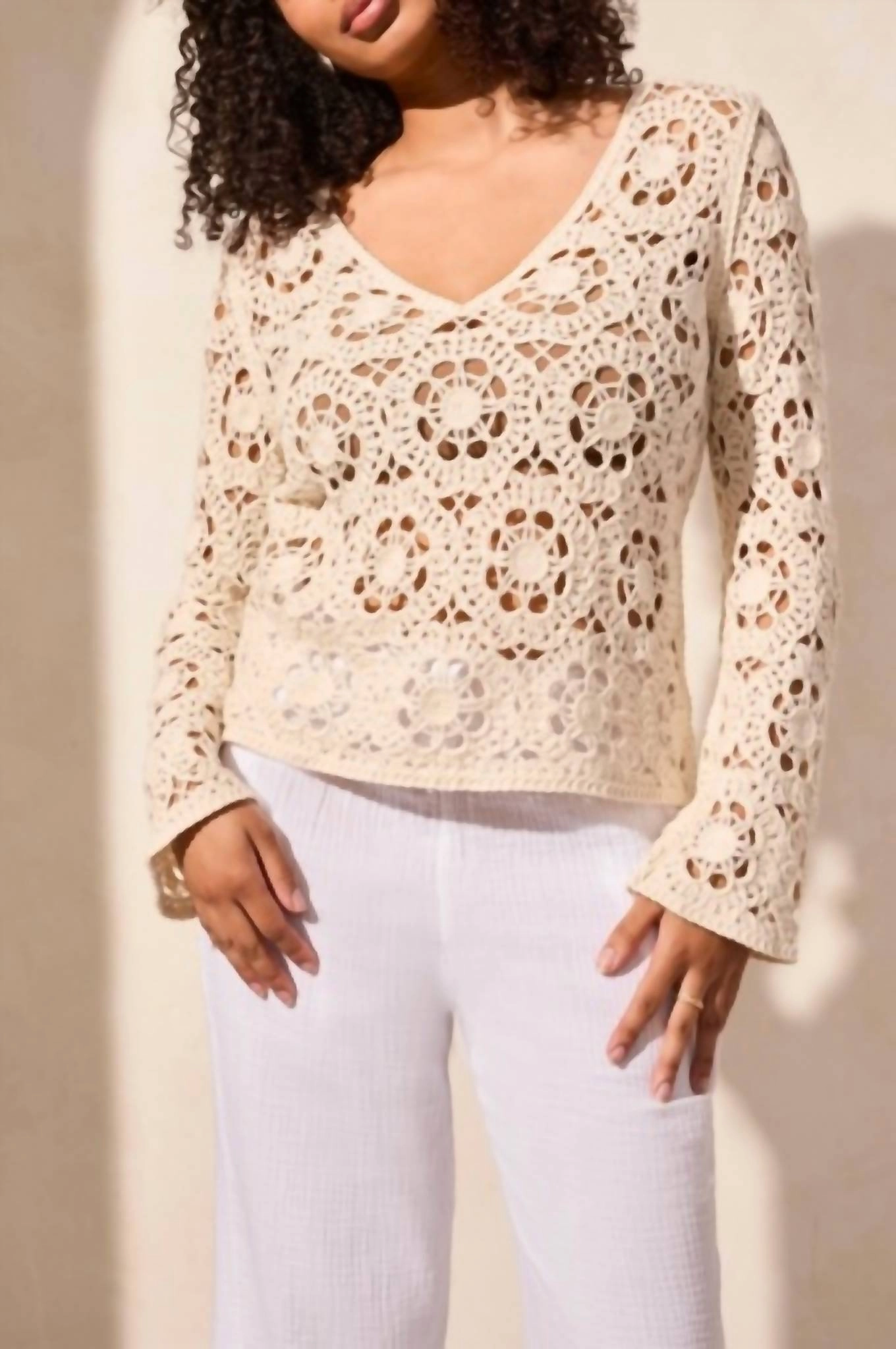 Open Fancy Crochet V-Neck Bell Slv Swtr In Cocomilk
