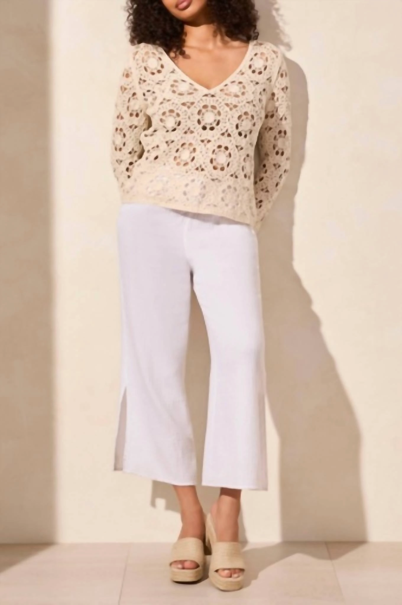 Open Fancy Crochet V-Neck Bell Slv Swtr In Cocomilk