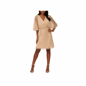 Papell Boutique Short Sleeve Beaded Fit   Flare Dress - CHAMPAGNE GOLD 10