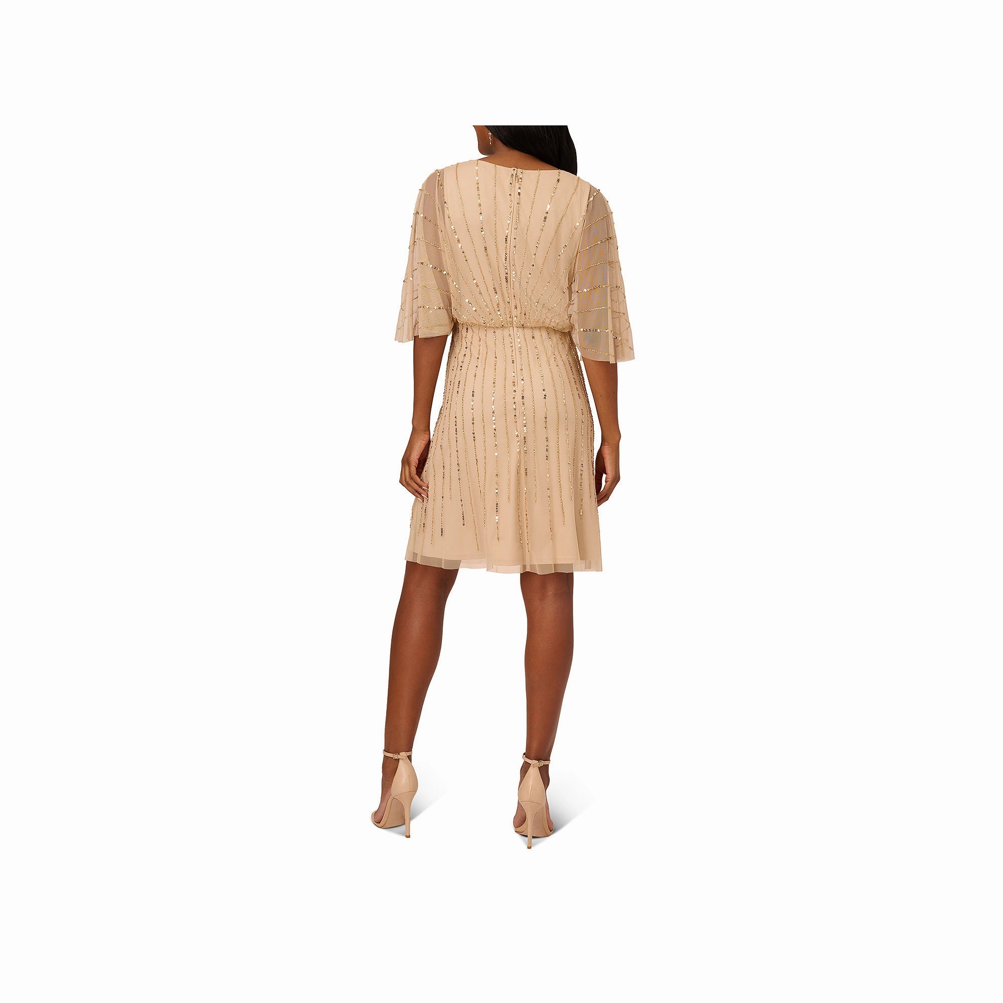 Papell Boutique Short Sleeve Beaded Fit   Flare Dress - CHAMPAGNE GOLD 10
