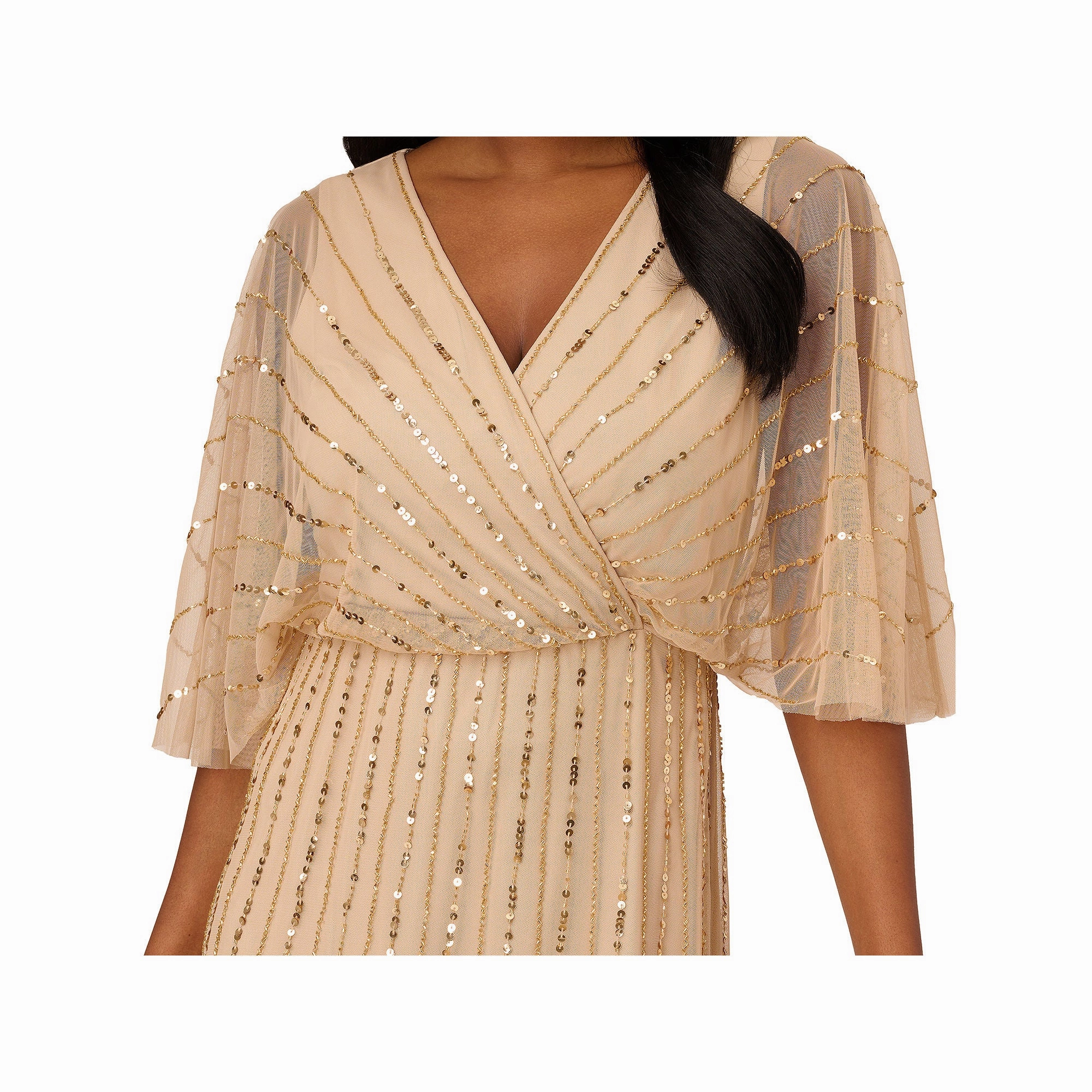 Papell Boutique Short Sleeve Beaded Fit   Flare Dress - CHAMPAGNE GOLD 10