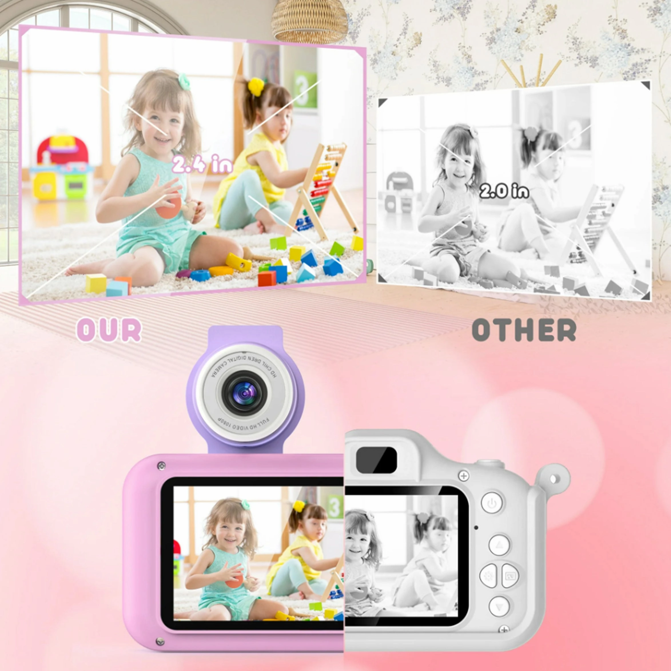 Purulu Kids 180 deg Flip-up Lens 3MP Digital Camera with 32GB SD Card, Pink