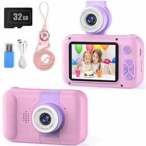 Purulu Kids 180 deg Flip-up Lens 3MP Digital Camera with 32GB SD Card, Pink