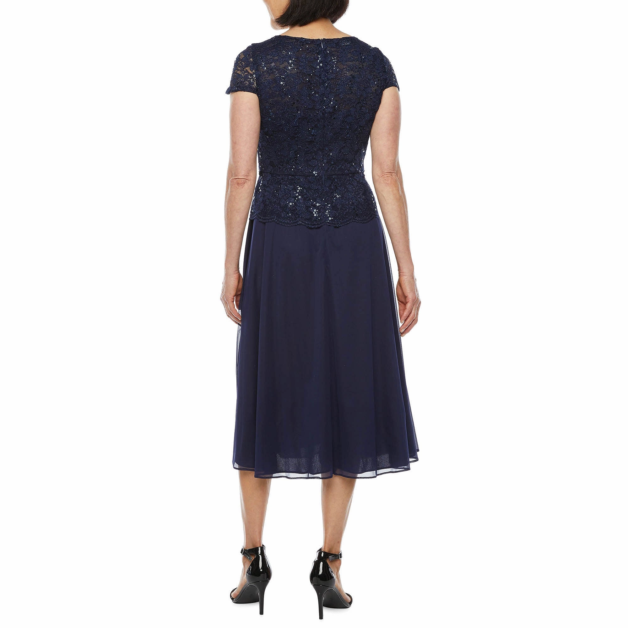 R & M Richards Rhinestone Short Sleeve Midi Fit   Flare Dress - NAVY 6