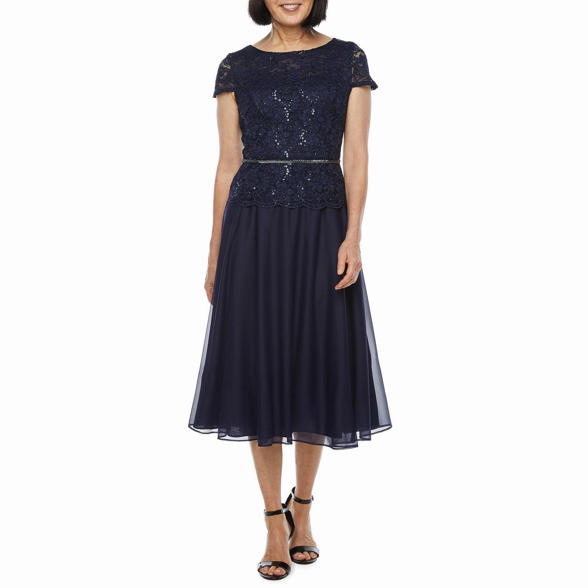 R & M Richards Rhinestone Short Sleeve Midi Fit   Flare Dress - NAVY 6