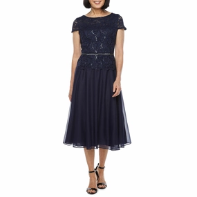 R & M Richards Rhinestone Short Sleeve Midi Fit   Flare Dress - NAVY 6