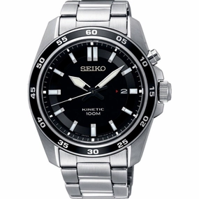 Seiko Men's Watch - Kinetic Black Dial Silver Stainless Steel Bracelet Date | SKA785