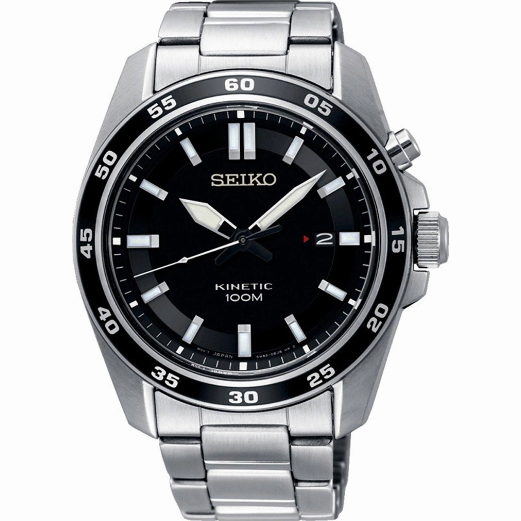 Seiko Men's Watch - Kinetic Black Dial Silver Stainless Steel Bracelet Date | SKA785