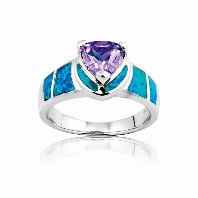 Sterling Silver Amethyst Triangle Blue Opal CZ Ring - W-9461
