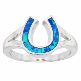 Sterling Silver Blue Inlay Opal Horseshoe Ring - W-9916