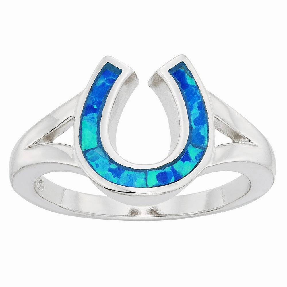 Sterling Silver Blue Inlay Opal Horseshoe Ring - W-9916