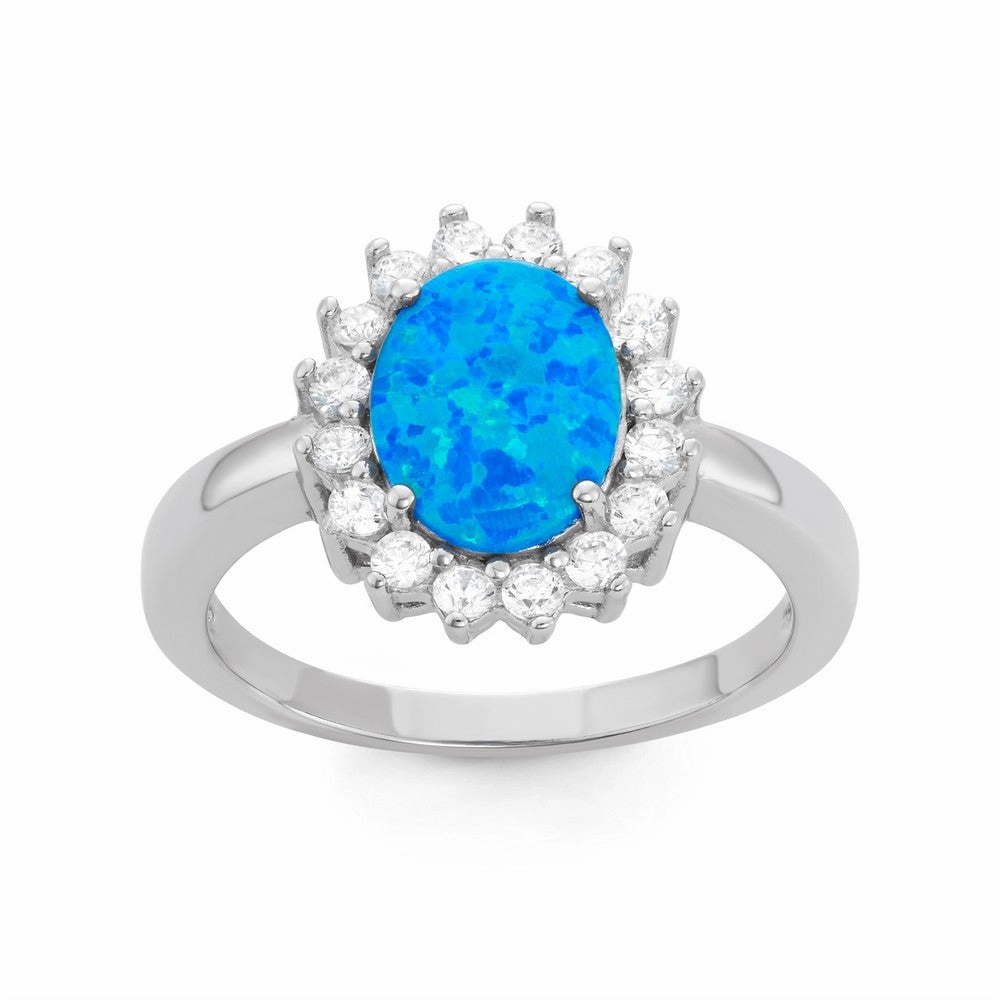 Sterling Silver Blue Inlay Opal Oval with CZ Ring - W-1510