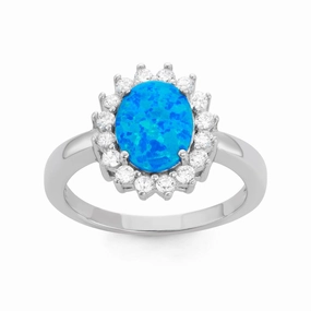 Sterling Silver Blue Inlay Opal Oval with CZ Ring - W-1510