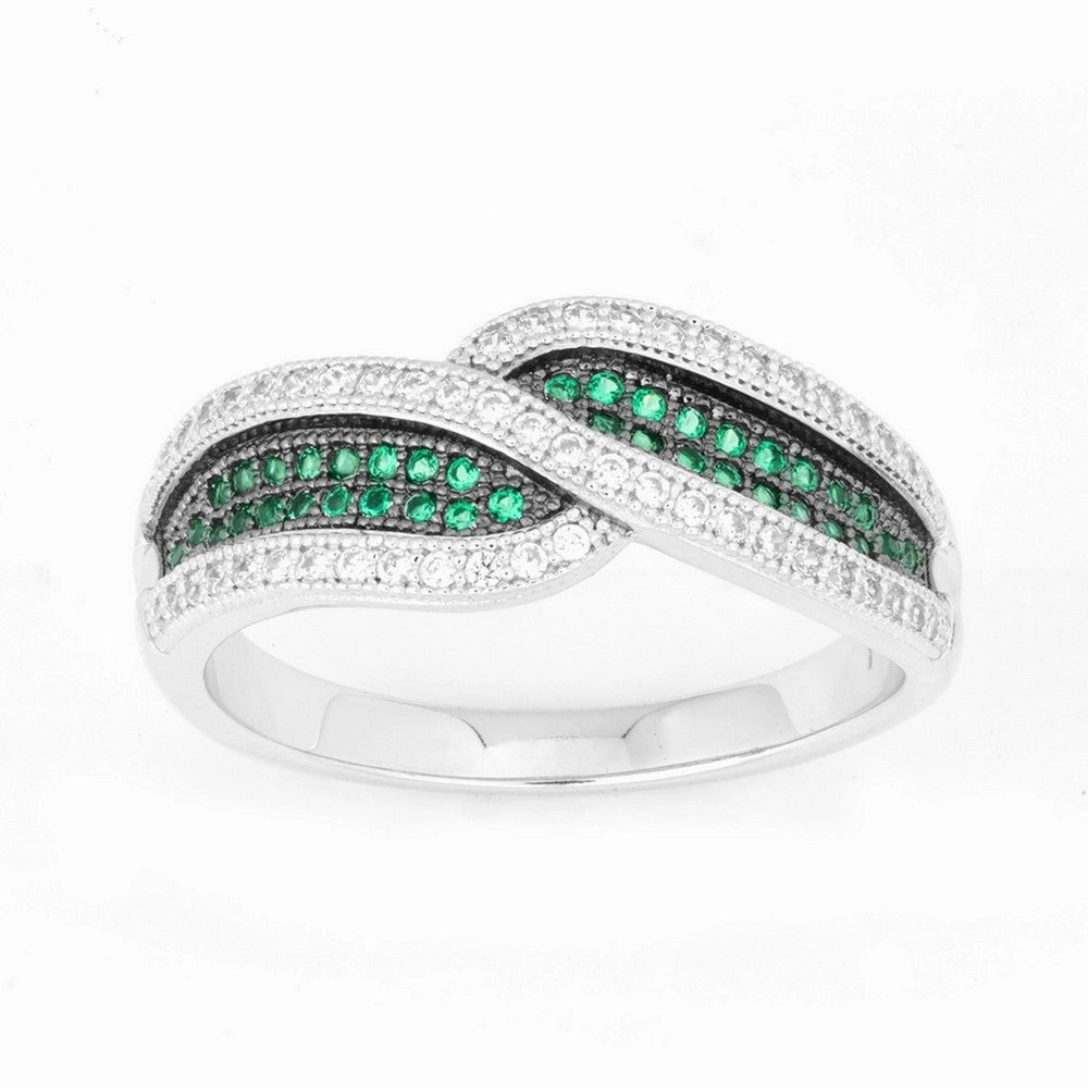Sterling Silver Crossed Emerald and CZ Micro Pave Ring - W-9908