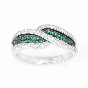Sterling Silver Crossed Emerald and CZ Micro Pave Ring - W-9908