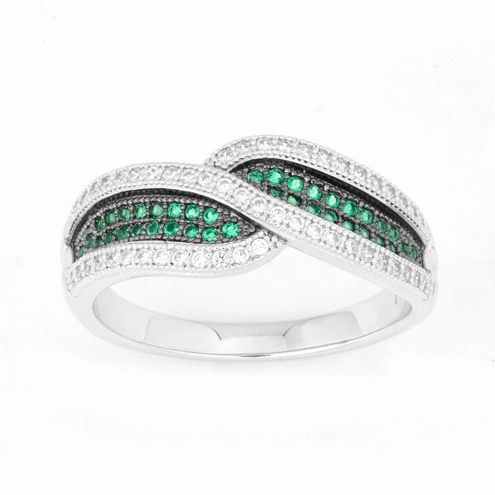 Sterling Silver Crossed Emerald and CZ Micro Pave Ring - W-9908