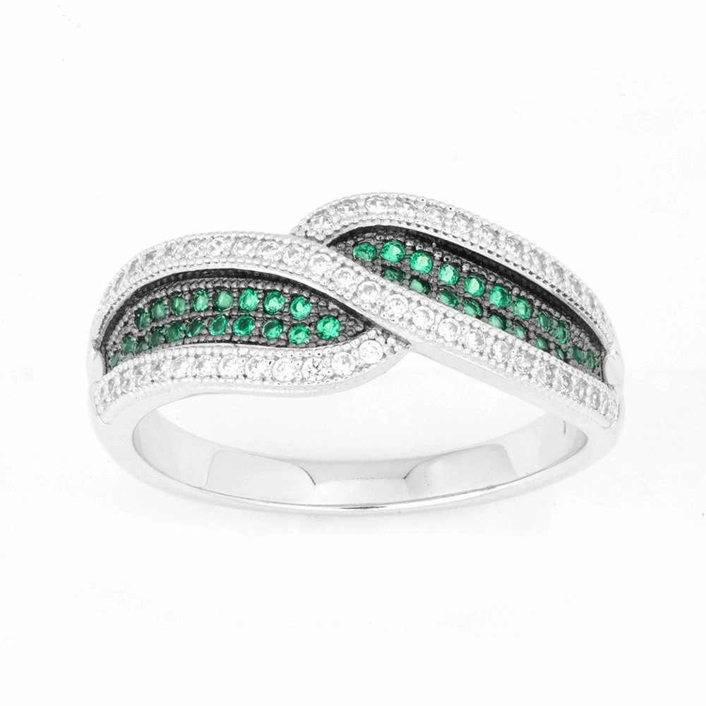Sterling Silver Crossed Emerald and CZ Micro Pave Ring - W-9908