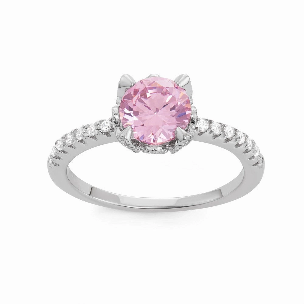 Sterling Silver CZ Band with Center Round Pink CZ Ring - W-1525