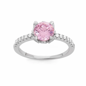 Sterling Silver CZ Band with Center Round Pink CZ Ring - W-1525